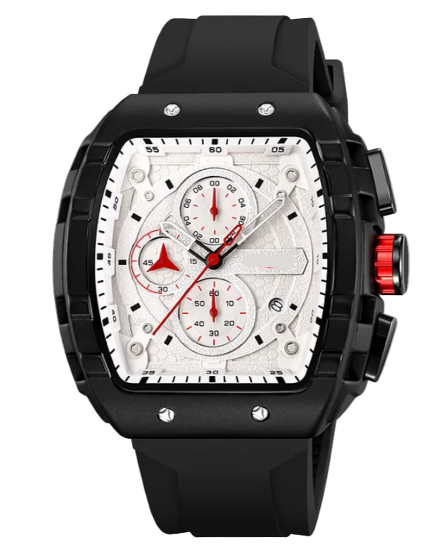 GearVolts Big Face Tonneau Watch - Chronograph, Black Silicone Strap