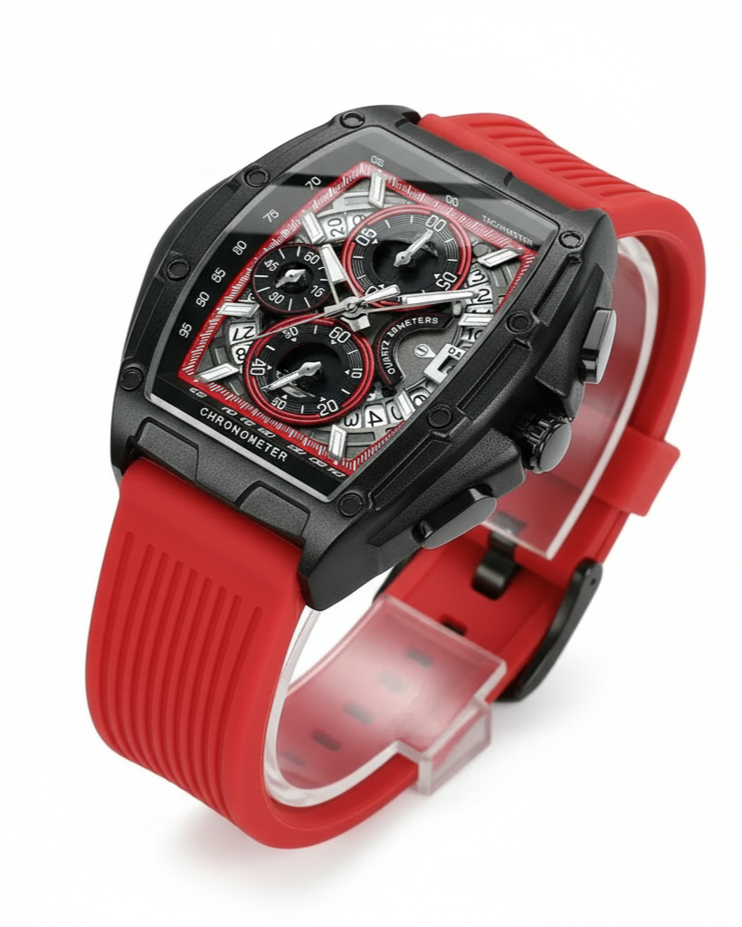 GearVolts Racing Chronograph Watch - Black Tonneau Case, Bold Red Strap