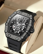 GearVolts Iced-Out Skeleton Men's Watch - Black Tonneau, Diamond Bezel