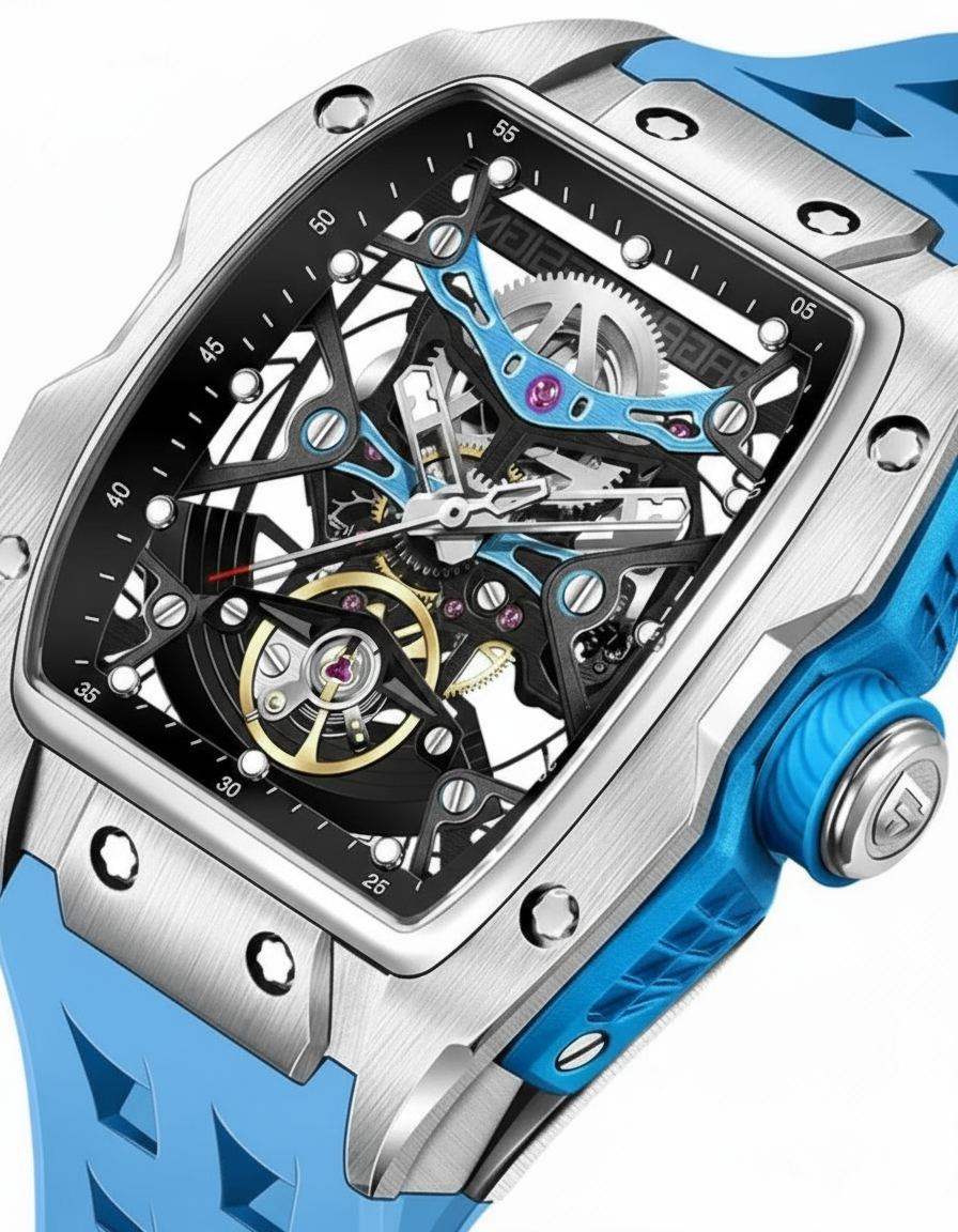 GearVolts Skeleton Automatic Wristwatch for Men - Bright Blue Silicone Band