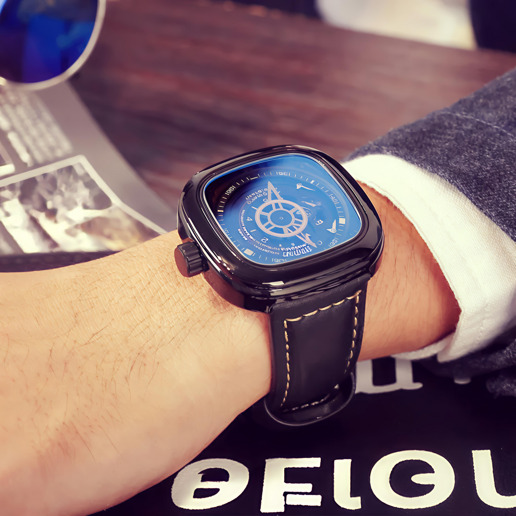 GearVolts Industrial Skeleton Automatic Watch - Black Case, Brown Leather Strap