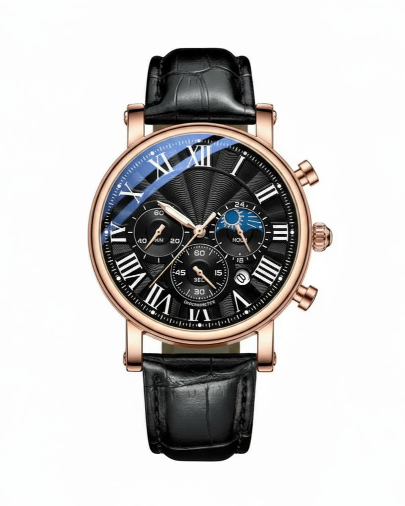GearVolts Rose Gold-Tone Formal Watch - Black Croc-Style Leather Band