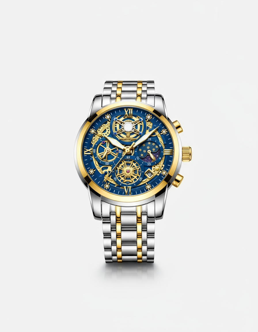 GearVolts Blue & Gold Mechanical Watch - Two-Tone Stainless Steel Bracelet