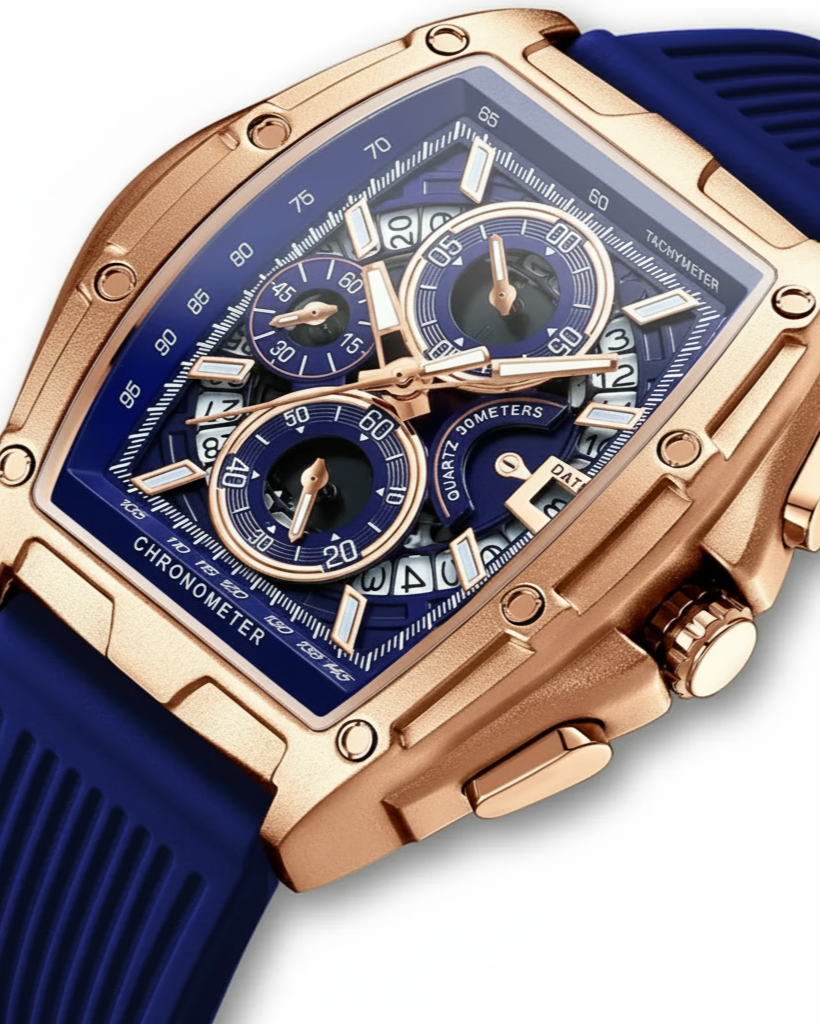 GearVolts Tonneau Quartz Sport Watch - Blue Dial, Chronometer, Date Display