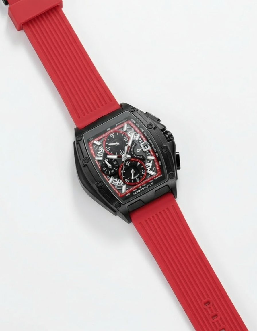 GearVolts Racing Chronograph Watch - Black Tonneau Case, Bold Red Strap