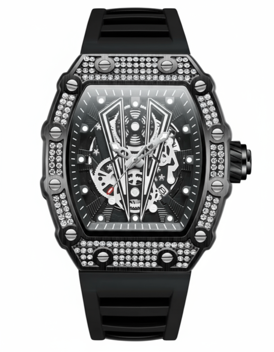 GearVolts Iced-Out Skeleton Men's Watch - Black Tonneau, Diamond Bezel