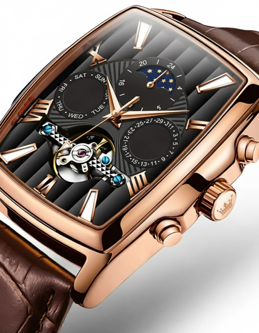 GearVolts Men's Tonneau Mechanical Watch - Multi-Function Day/Date