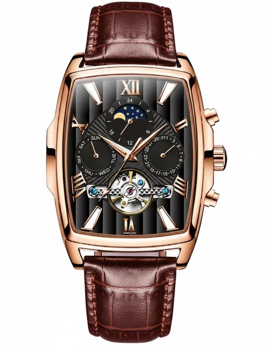 Luxury watch with brown leather strap and rose gold case on a white background, featuring the OLEVS brand.