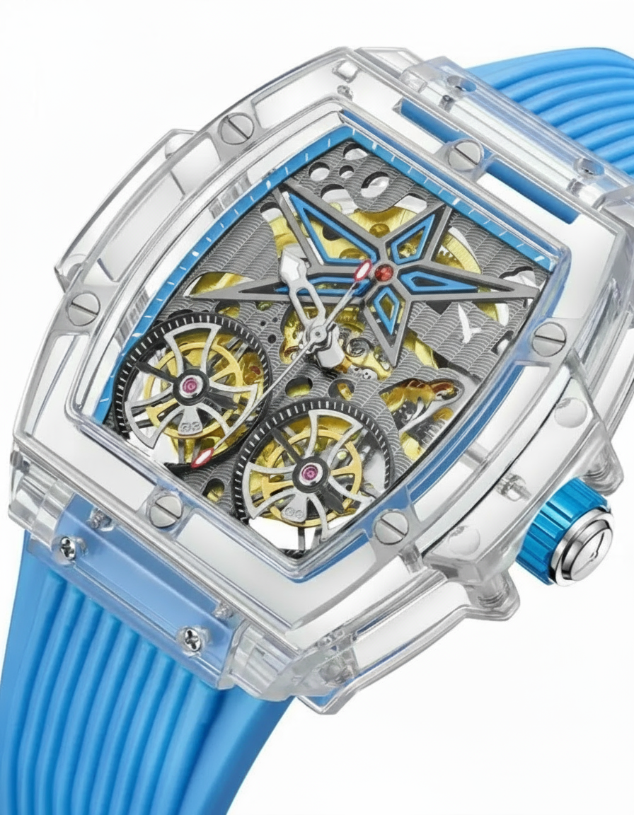 Gearvolts Edition:Venom Skeleton Automatic Watch | Clear Case Blue Strap