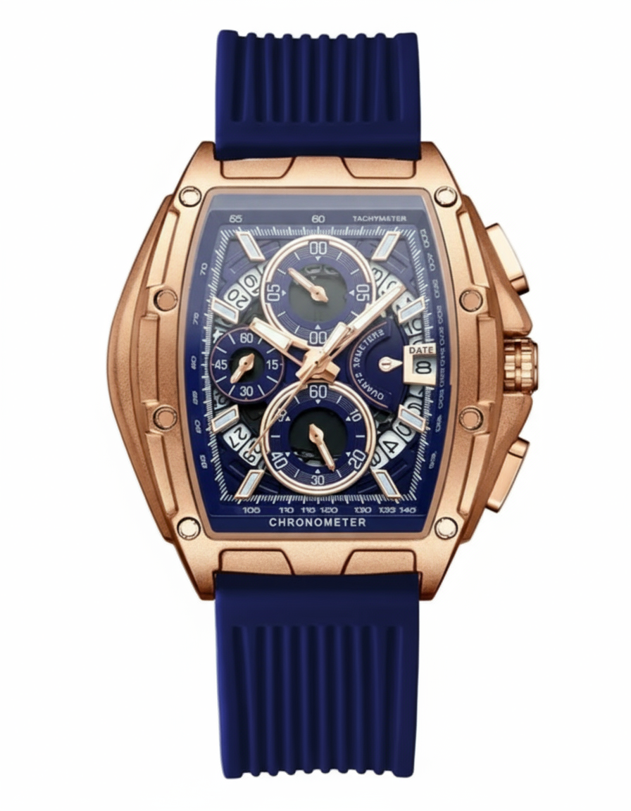 GearVolts Tonneau Quartz Sport Watch - Blue Dial, Chronometer, Date Display