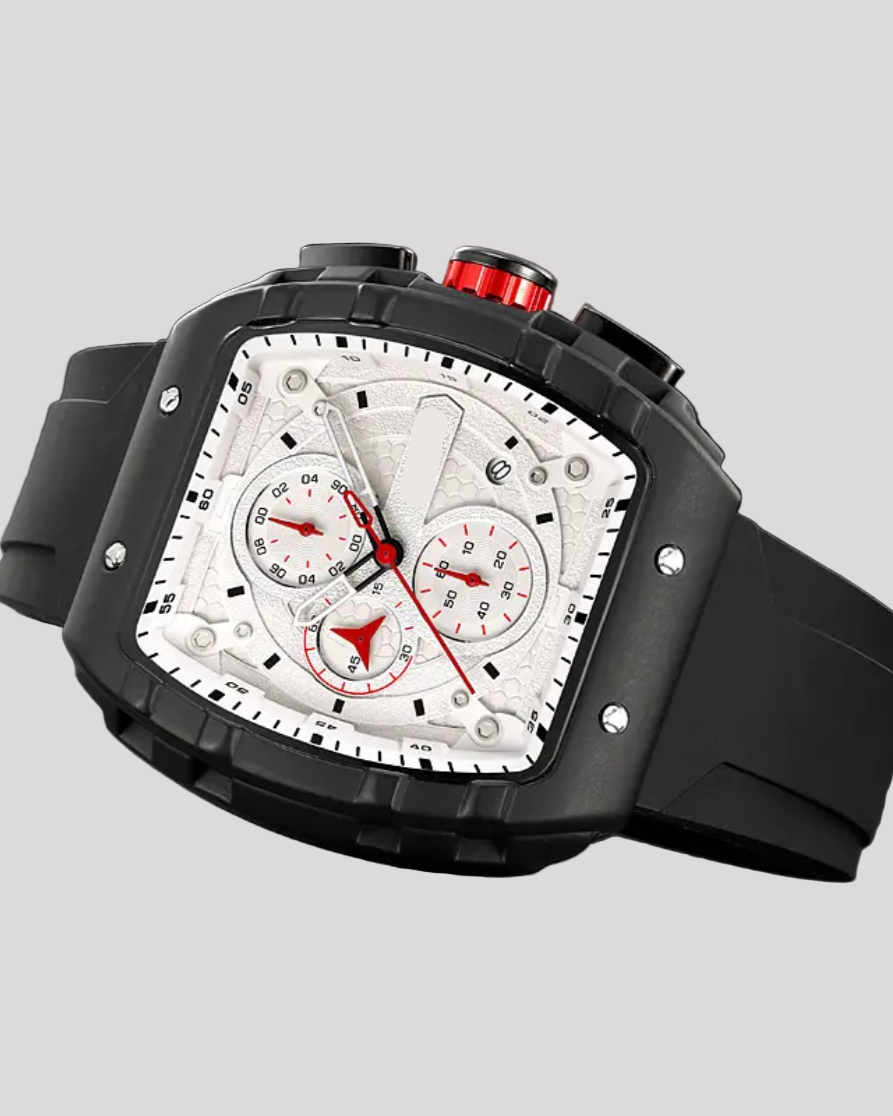 Black and red watch with a white face on a gray surface, featuring the brand 'SKMEI'.