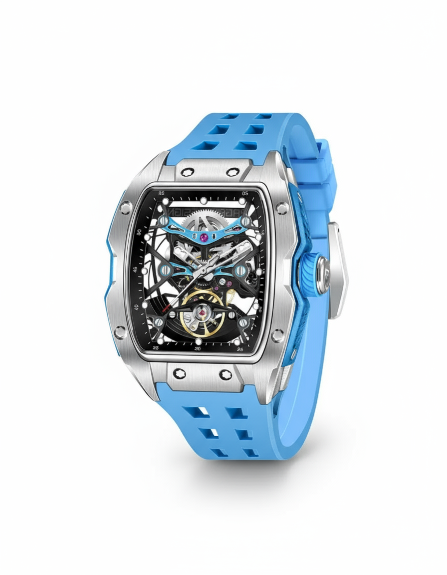 GearVolts Skeleton Automatic Wristwatch for Men - Bright Blue Silicone Band