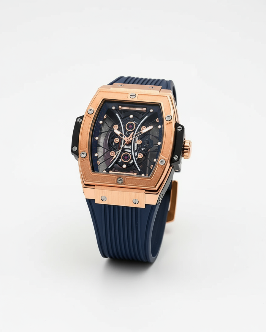 GearVolts Men's Tonneau Quartz/Automatic Watch - Rose Gold, Blue Silicone Band