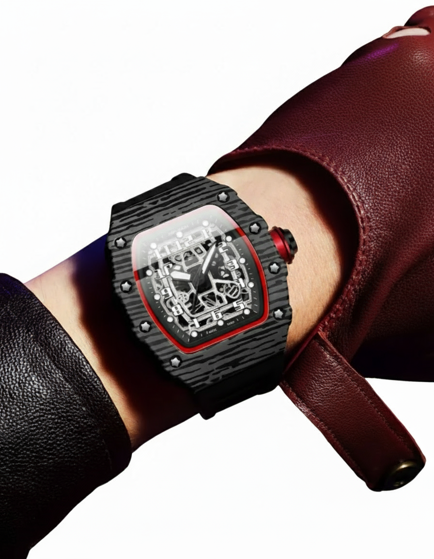 GearVolts Skeleton Sport Watch - Black Camo Case, Red Accents