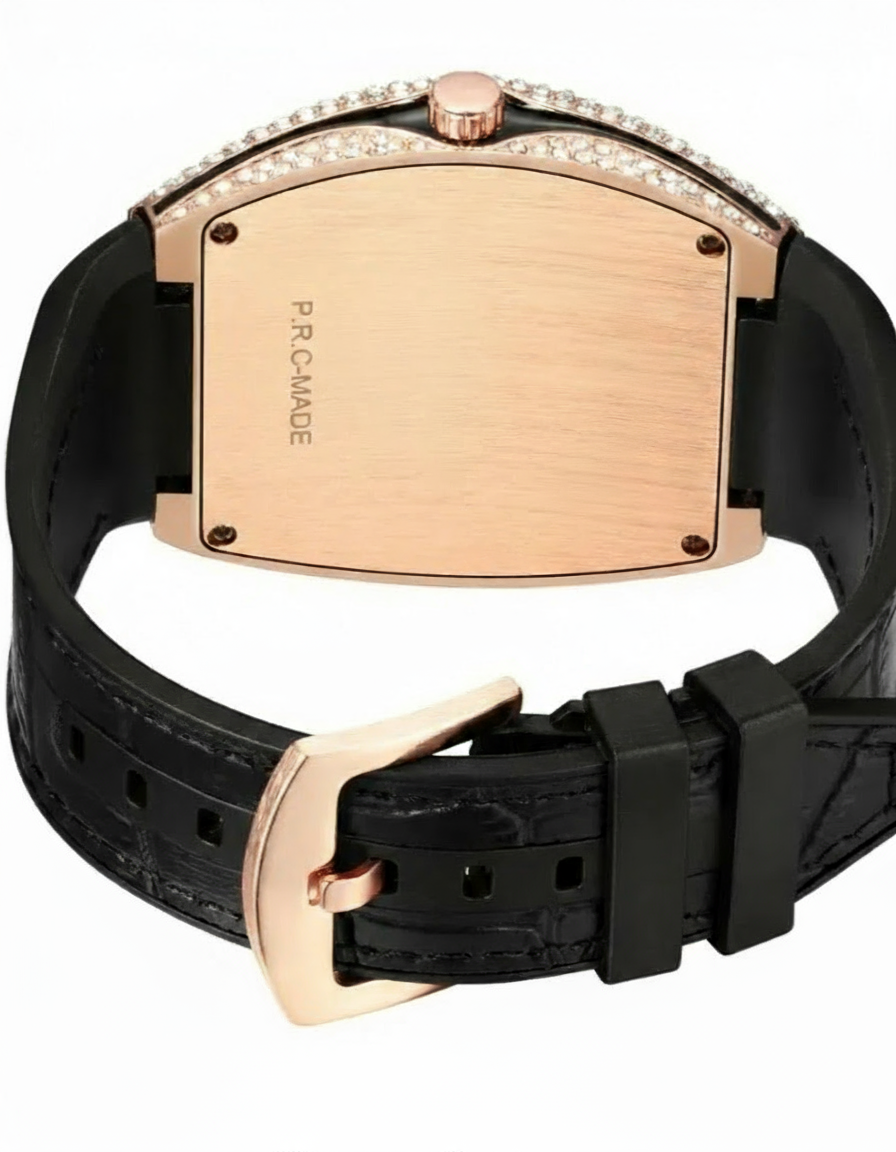 GearVolts Iced-Out Quartz Watch - Rose Gold-Tone, Diamond Bezel, Black Strap