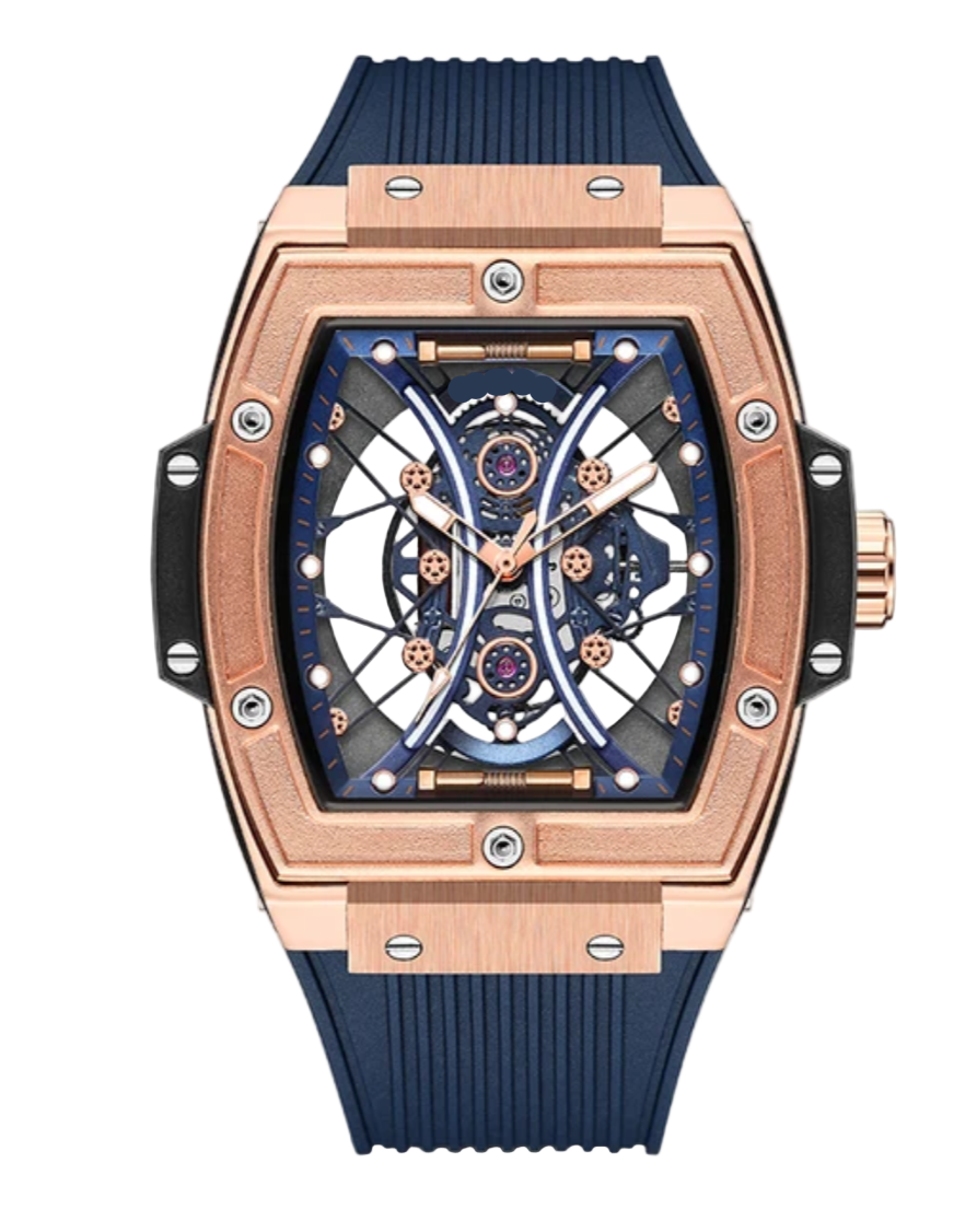 GearVolts Men's Tonneau Quartz/Automatic Watch - Rose Gold, Blue Silicone Band