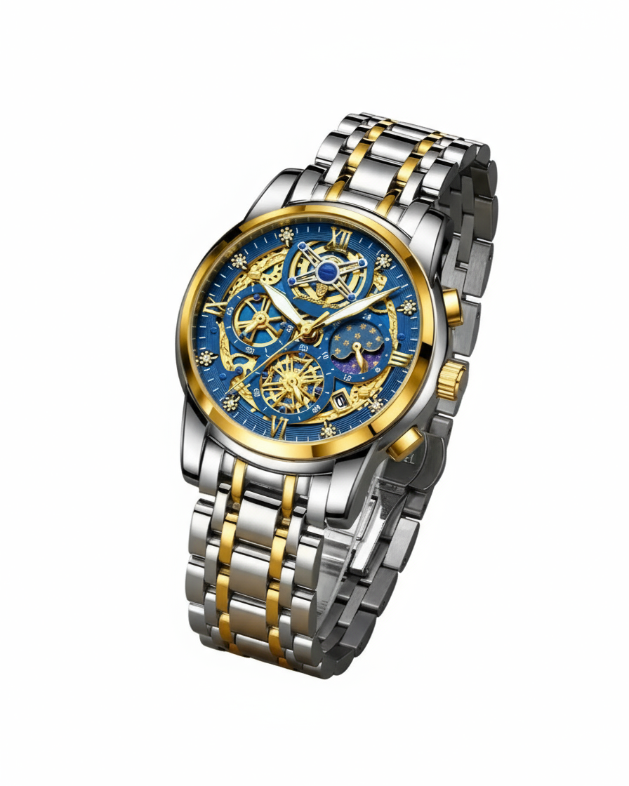 GearVolts Blue & Gold Mechanical Watch - Two-Tone Stainless Steel Bracelet