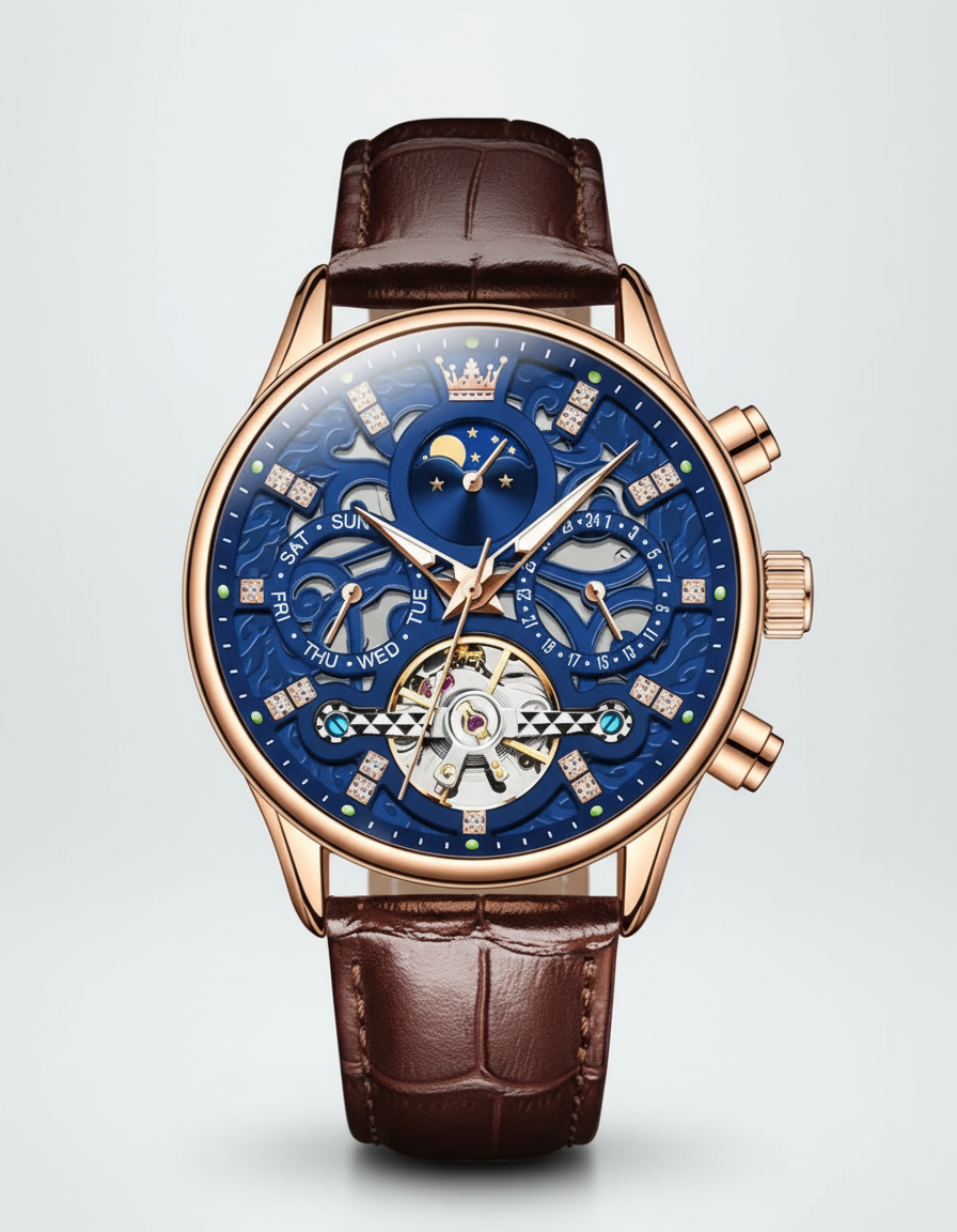 GearVolts Luxury Automatic Watch - Blue Dial, Rose Gold Case, Moon Phase