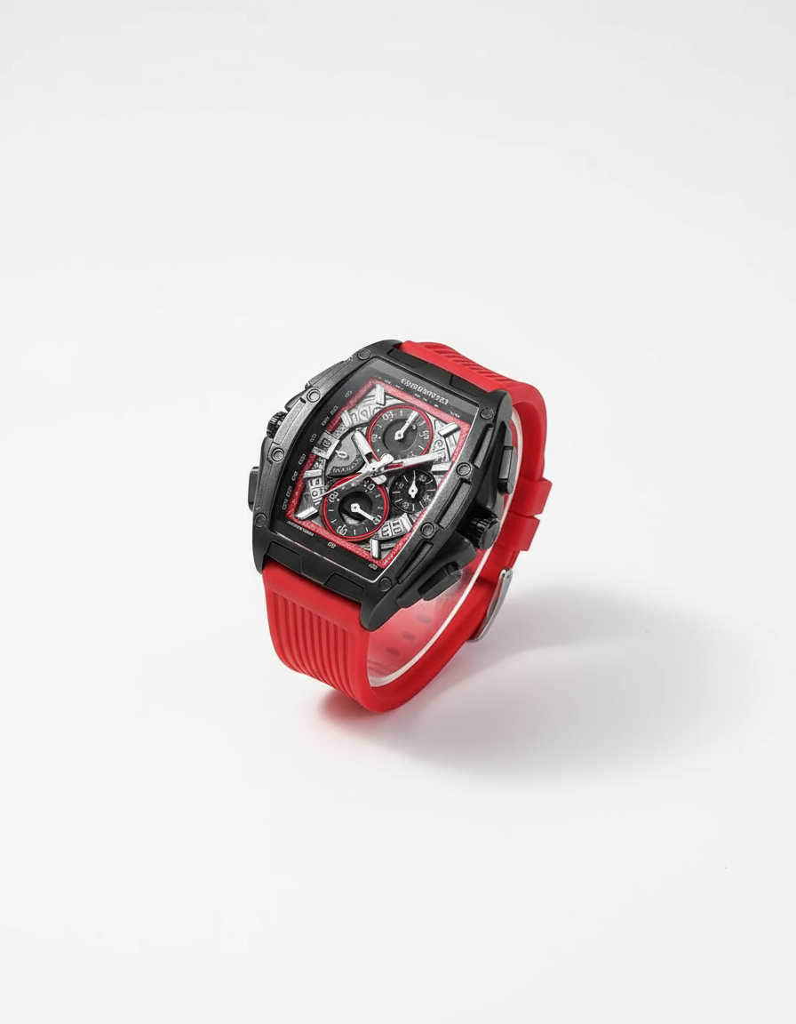 GearVolts Racing Chronograph Watch - Black Tonneau Case, Bold Red Strap