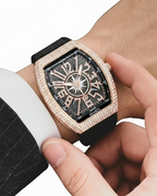 GearVolts Iced-Out Quartz Watch - Rose Gold-Tone, Diamond Bezel, Black Strap