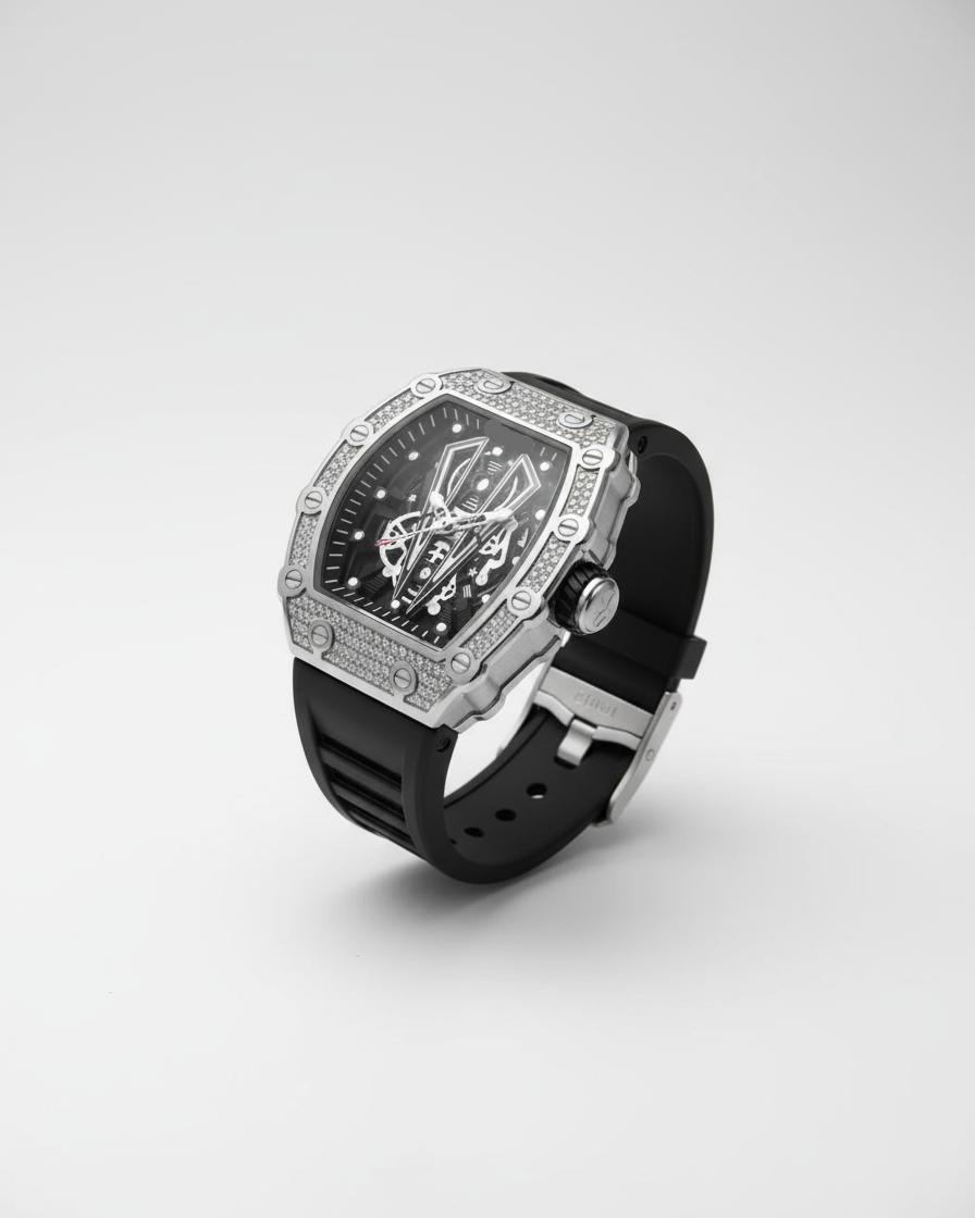 GearVolts Iced-Out Skeleton Men's Watch - Black Tonneau, Diamond Bezel