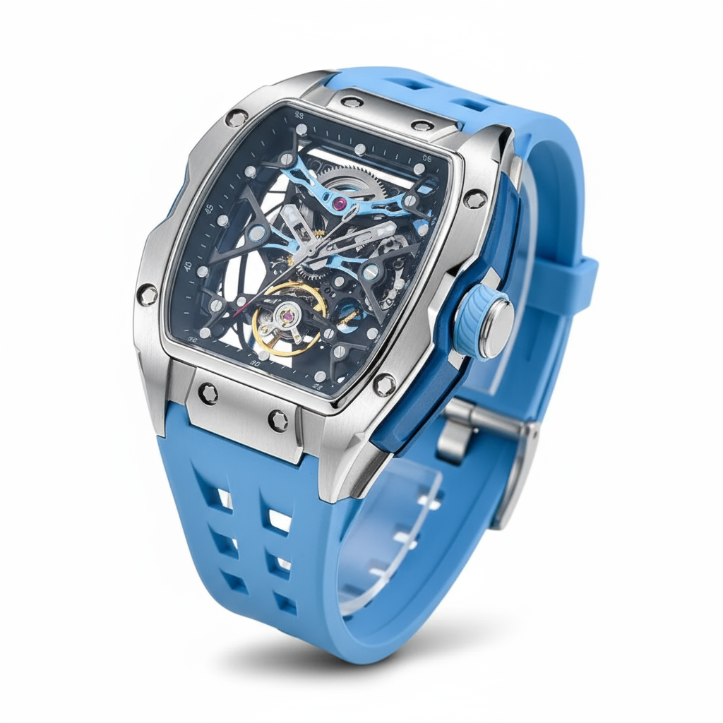 GearVolts Skeleton Automatic Wristwatch for Men - Bright Blue Silicone Band