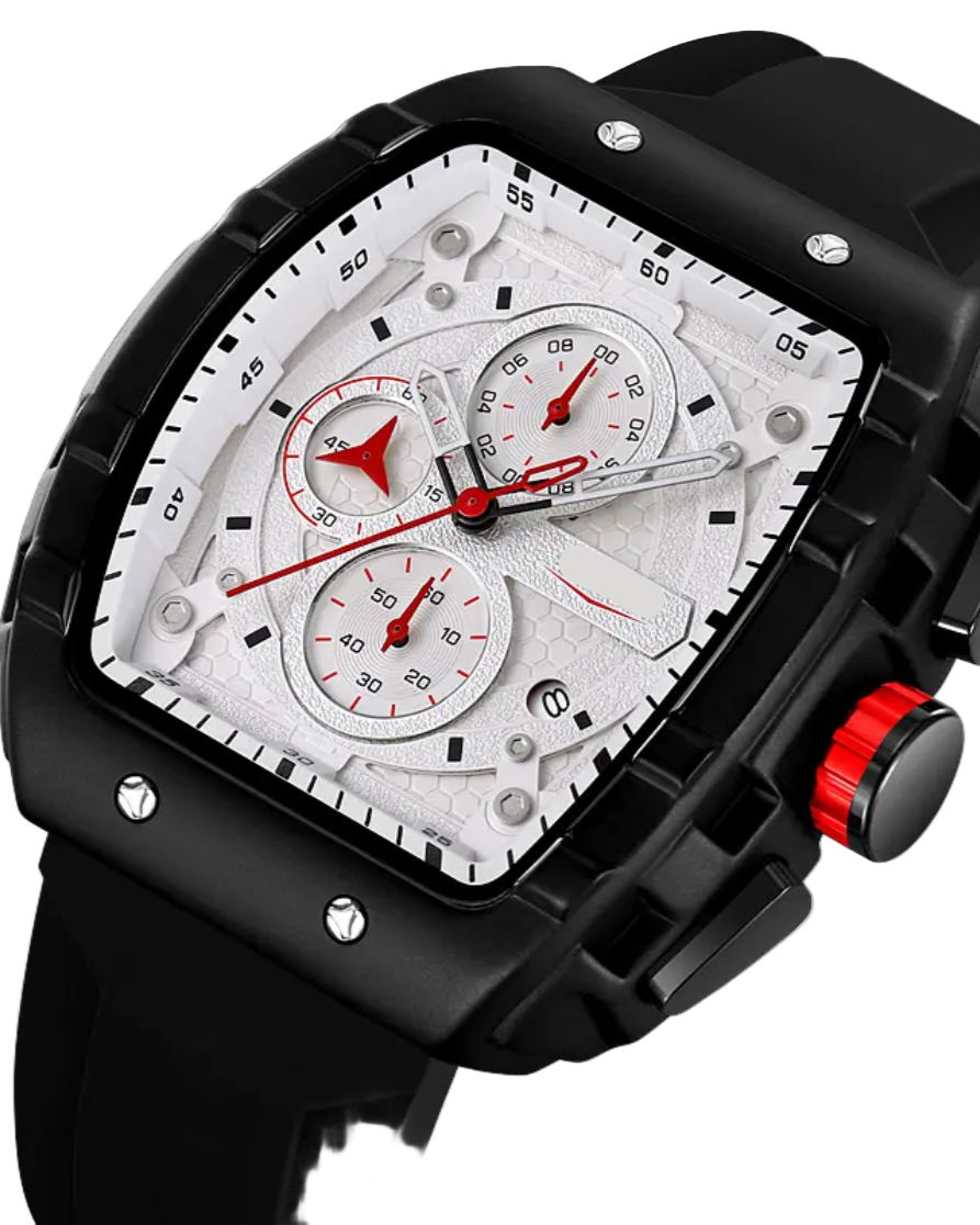GearVolts Big Face Tonneau Watch - Chronograph, Black Silicone Strap