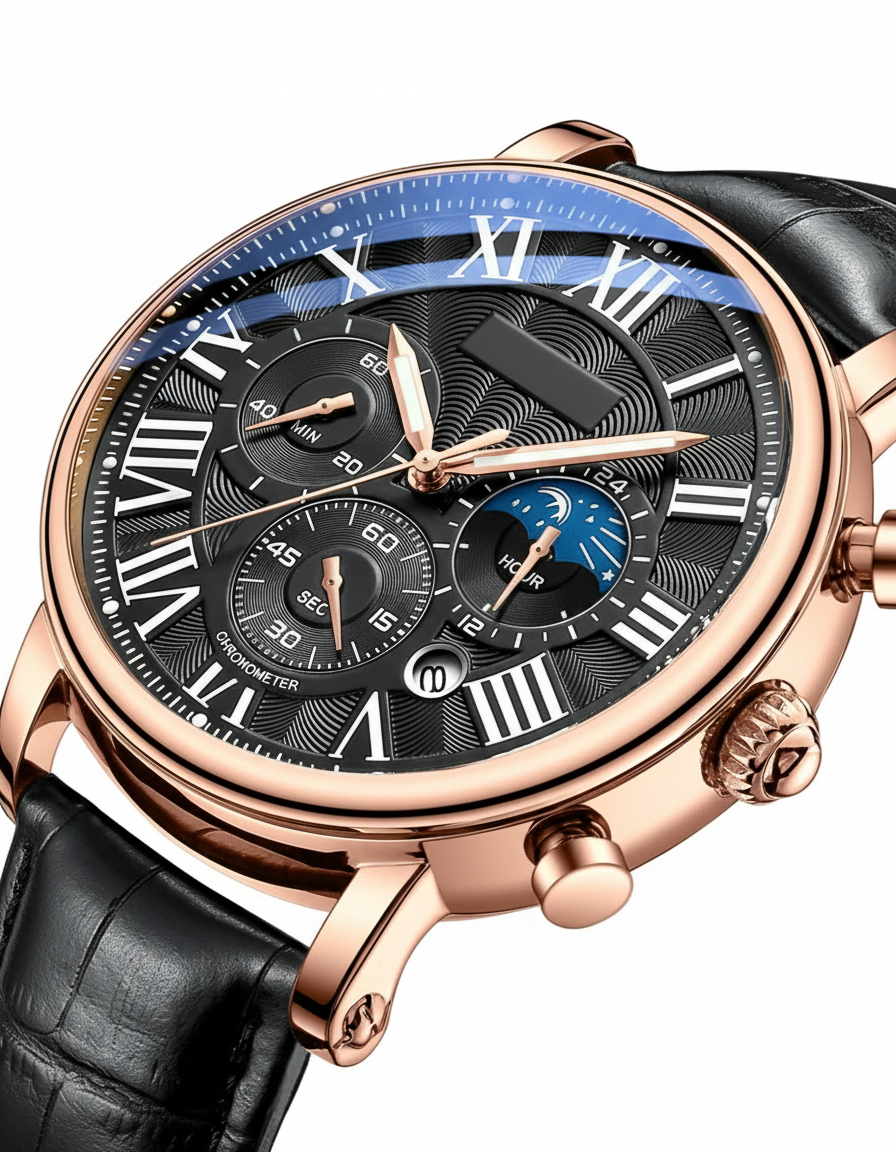 GearVolts Rose Gold-Tone Formal Watch - Black Croc-Style Leather Band