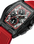 GearVolts Racing Chronograph Watch - Black Tonneau Case, Bold Red Strap