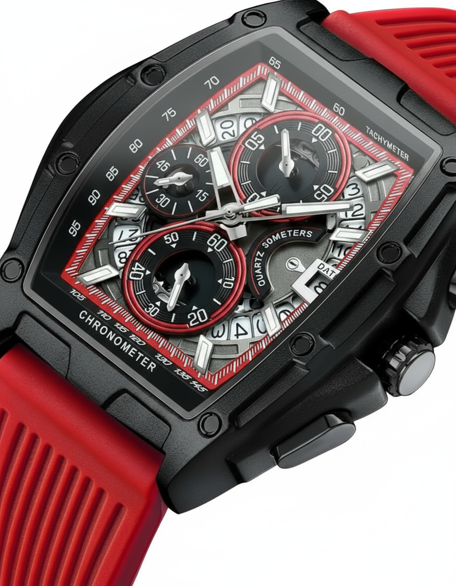 GearVolts Racing Chronograph Watch - Black Tonneau Case, Bold Red Strap