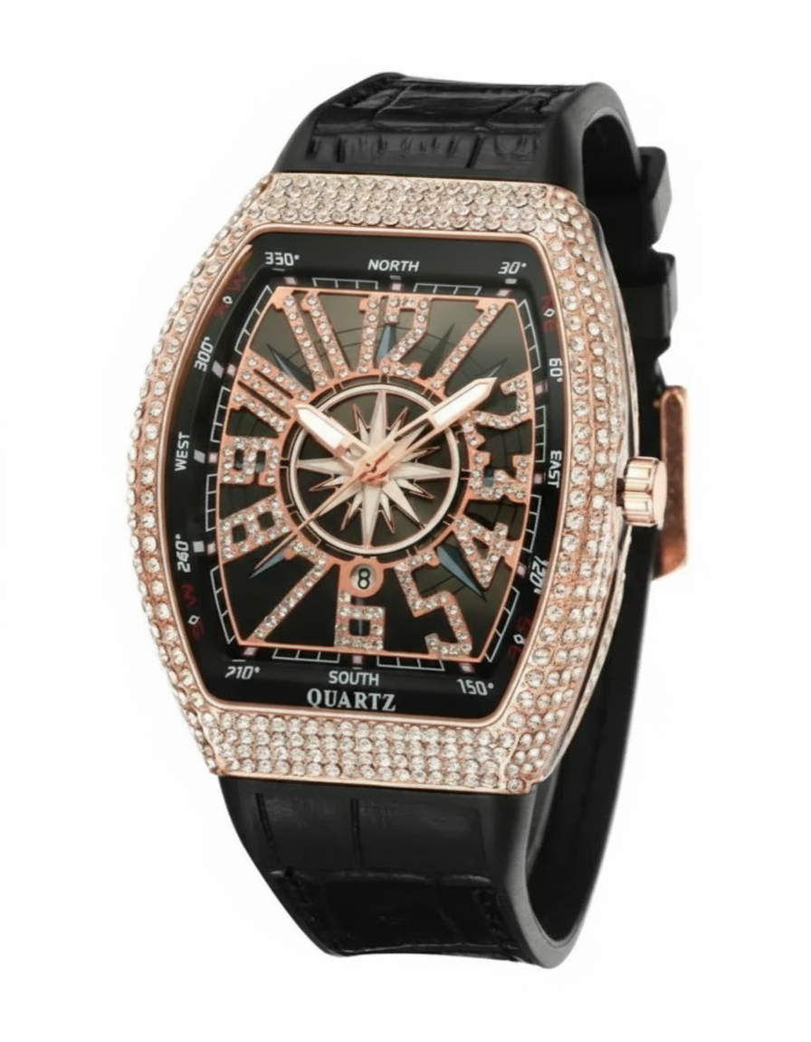 GearVolts Iced-Out Quartz Watch - Rose Gold-Tone, Diamond Bezel, Black Strap