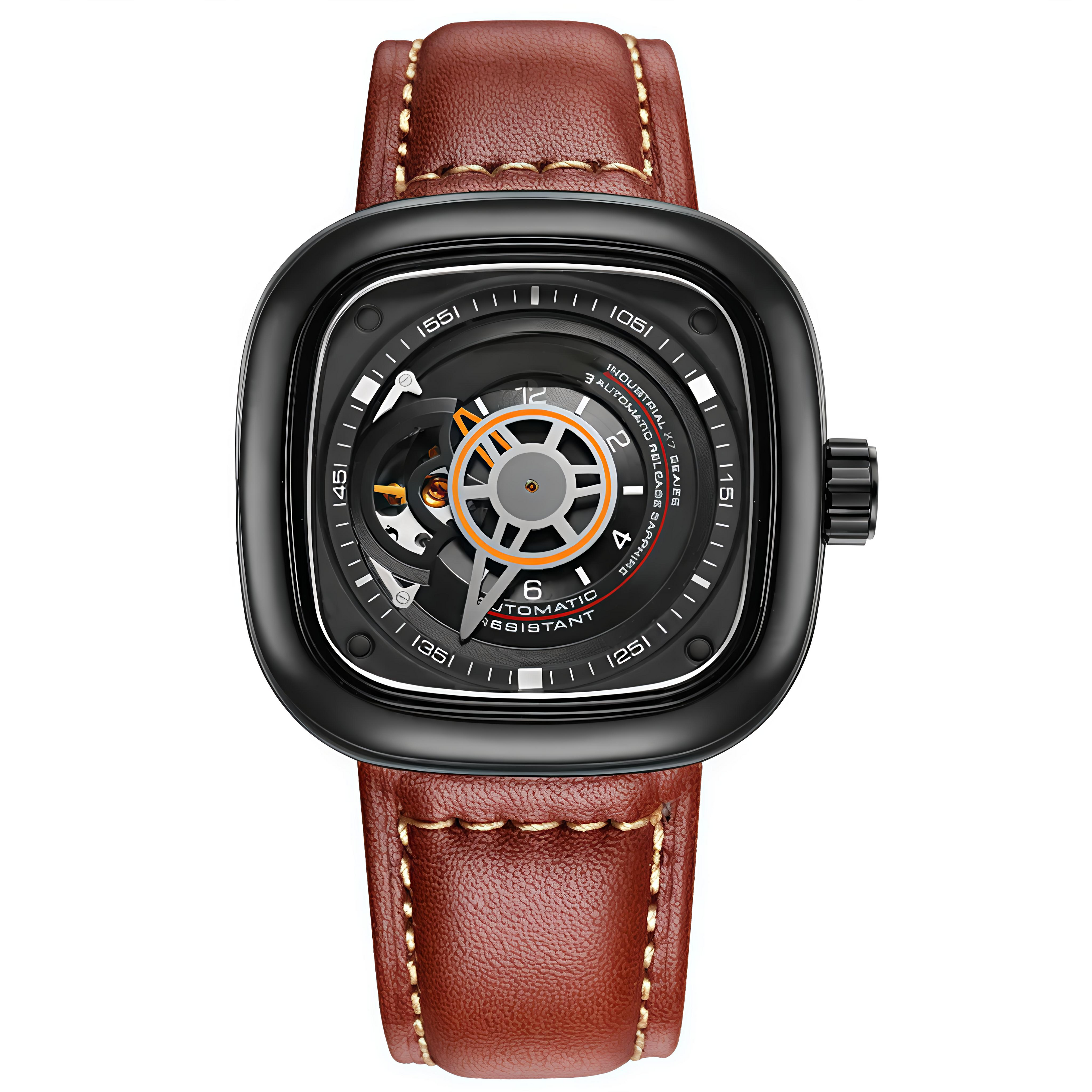 GearVolts Industrial Skeleton Automatic Watch - Black Case, Brown Leather Strap