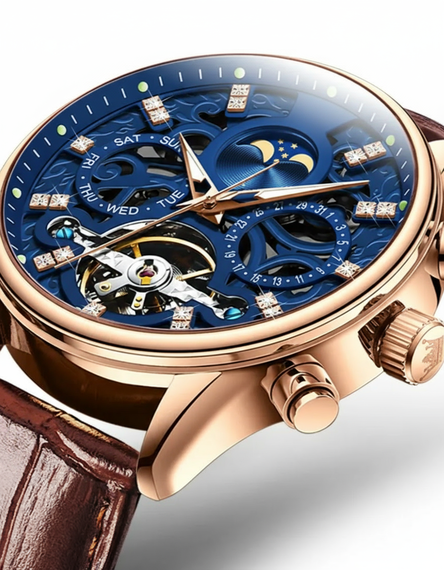 GearVolts Luxury Automatic Watch - Blue Dial, Rose Gold Case, Moon Phase