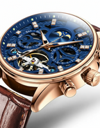 GearVolts Luxury Automatic Watch - Blue Dial, Rose Gold Case, Moon Phase