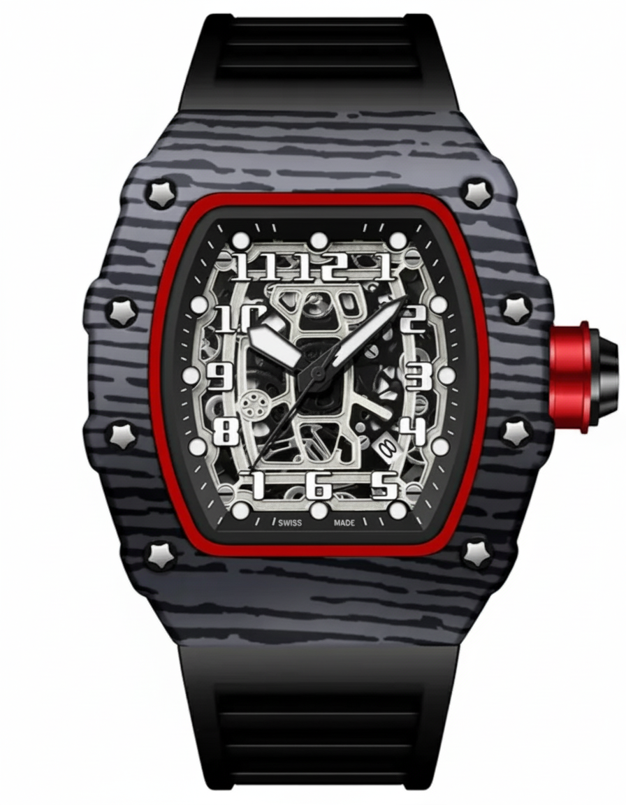 GearVolts Skeleton Sport Watch - Black Camo Case, Red Accents